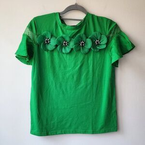 Women's Flutter Sleeve Blouse | St. Patrick's Day Green | Beaded Flowers, Small